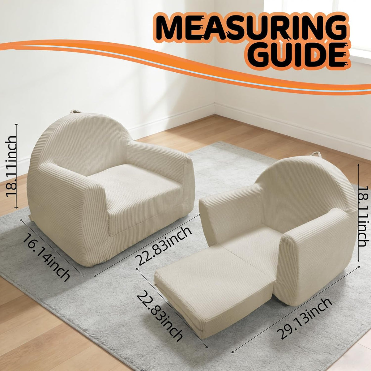 Toddler Couch, Soft Kids Couch Bed Fold Out, 2-in-1 Kids Chairs Comfy, Toddler Chairs 1-8 Years Old, Toddler Chairs Comfy, Kid Sofa Lounge Chair(100% Polyester, Beige White, 27.5"×17.7"×20.8")