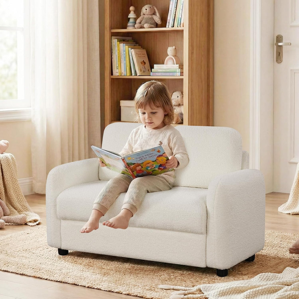 HONEY JOY Toddler Couch, Children Loveseat Sofa Armchair w/Wooden Frame, Teddy Fleece, Flexible Seating for Daycare, Preschool, Playroom, Upholstered Reading Couch, Kids Chair for Boys Girls (White)