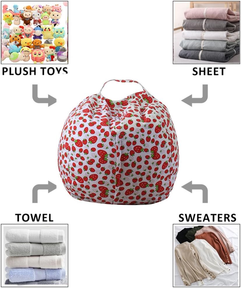 ELEOPTION Stuffed Animal Storage Bean Bag Chair Cover, Large Size 38inch Cotton Canvas Children Plush Toy Organizer Storage Bag Fill Fun Chair for Kids Room or Bedroom (Strawberry, 32in)