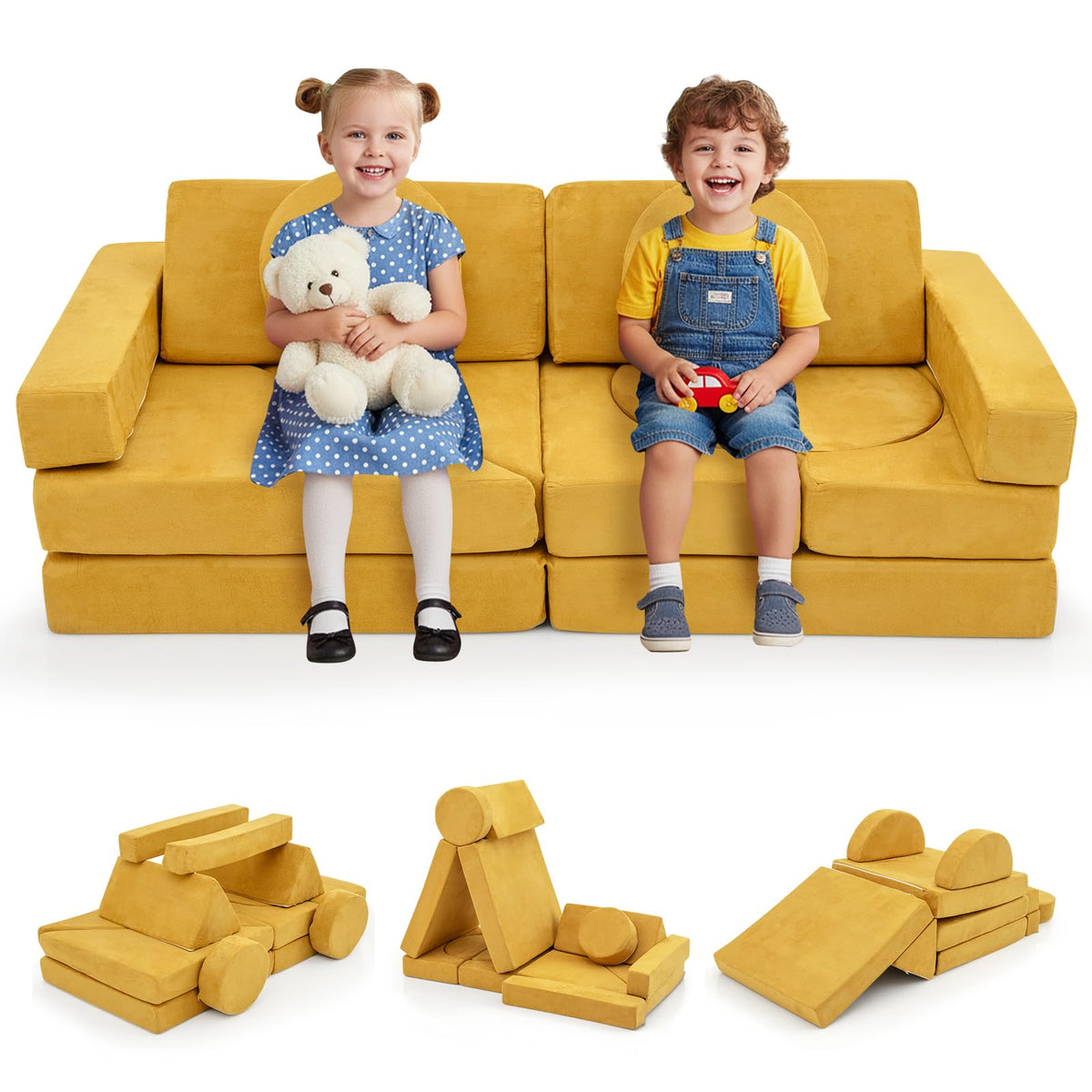 Costzon 14 PCS Modular Kids Play Couch, Child Sectional Sofa, Versatile Toddler Soft Building Blocks Sofa Playset for Playroom Bedroom, Convertible Foam and Floor Cushion for Boys Girls Gifts (Yellow)