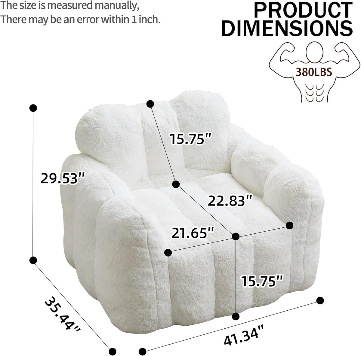Lotus Flower Plush Single Sofa Chair, White, Super Soft Lazy Bean Bag Chair, 41.34 x 35.44 x 29.53 inches, Weight Capacity 380 lbs, for Living Room Bedroom
