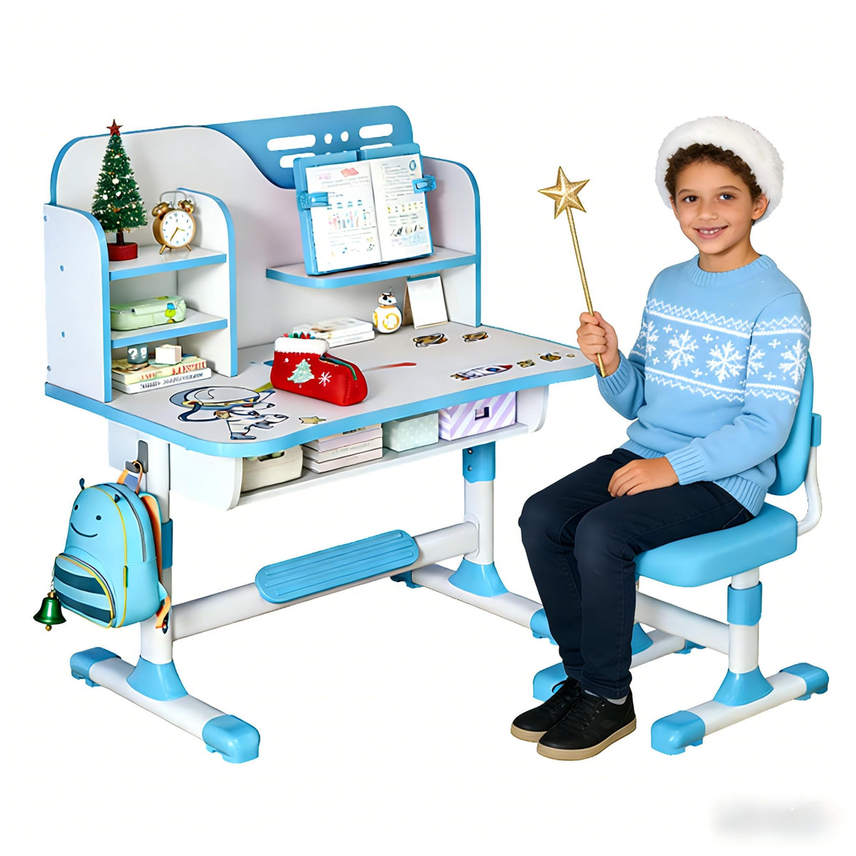 Kids Study Desk Chair Set - Height Adjustable Children's Desk and Chair School Study Table Chair with Astronaut Pattern,Ergonomic Desk Chair with Writing Board, Bookshelf and Drawer Pink