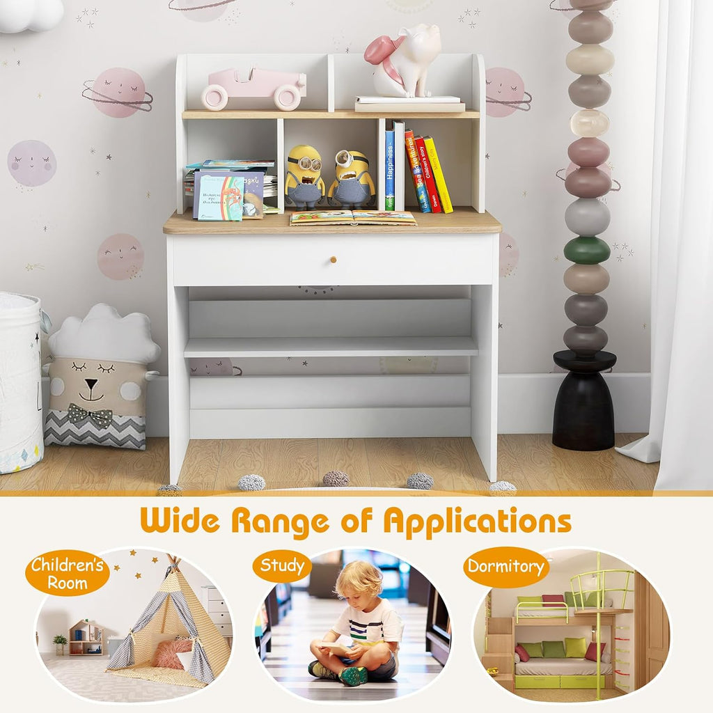 Costzon Kids Desk, Wooden Children Study Desk with Hutch, Large Drawer & Open Storage Shelf for Home School Writing, Reading or Drawing, Student Table Computer Workstation for 3+ Boys Girls (White)