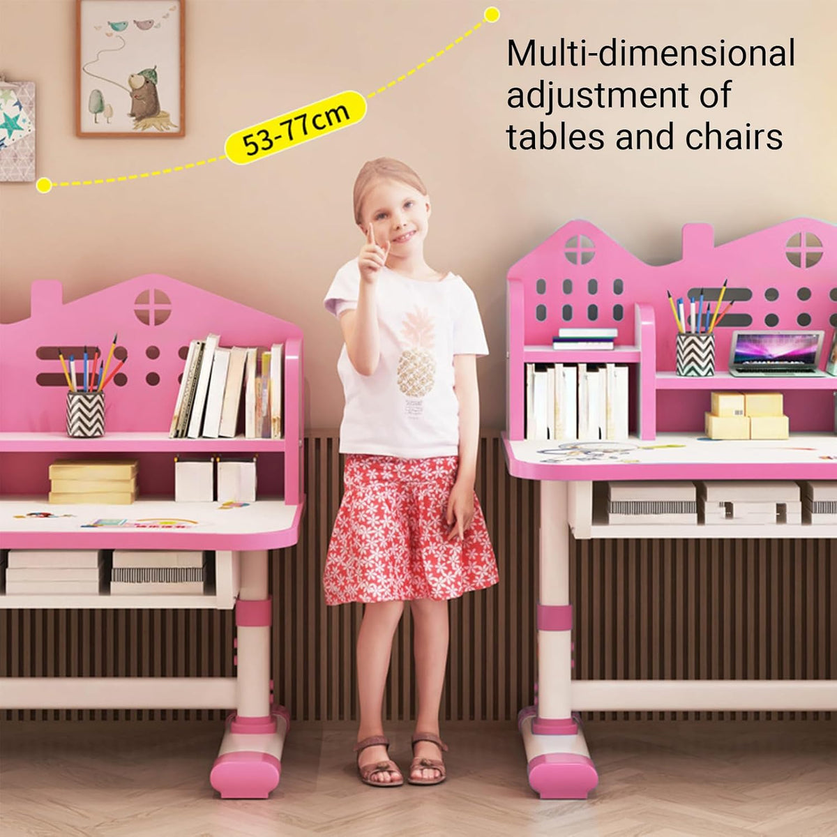 Kids Desk and Chair Set, Height Adjustable, Castle Backboard, Girls Desk with Bookstand and Storage Drawer, Widened Desktop (Pink)