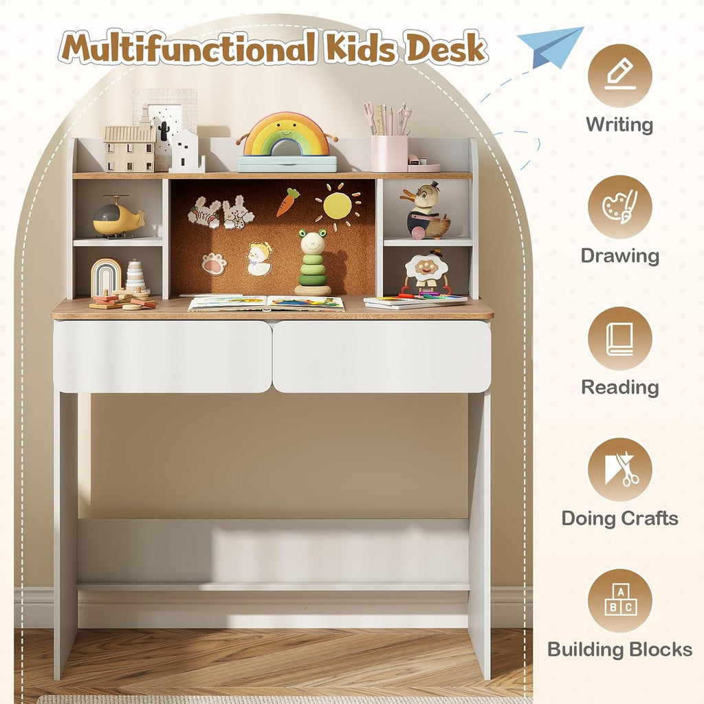 HONEY JOY Kids Study Desk w/Hutch, Cork Bulletin Board & 2 Drawers, Writing Table w/Charging Station & 5-Level Adjustable Shelves, Multifunctional Student Desk for Boys and Girls Aged 8-12