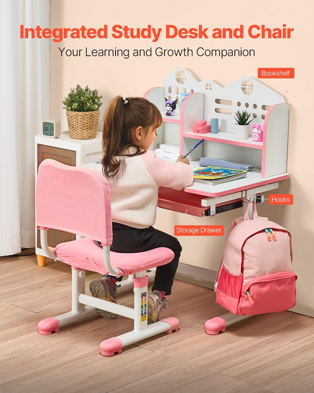VEVOR Kids Study Chair and Desk Set, Study Desk and Chair for Kids with Bookshelf and Storage Drawer, Adjustable Height Kids Study Desk with Chair, Children Study Table for Bedroom & Study Room, Pink