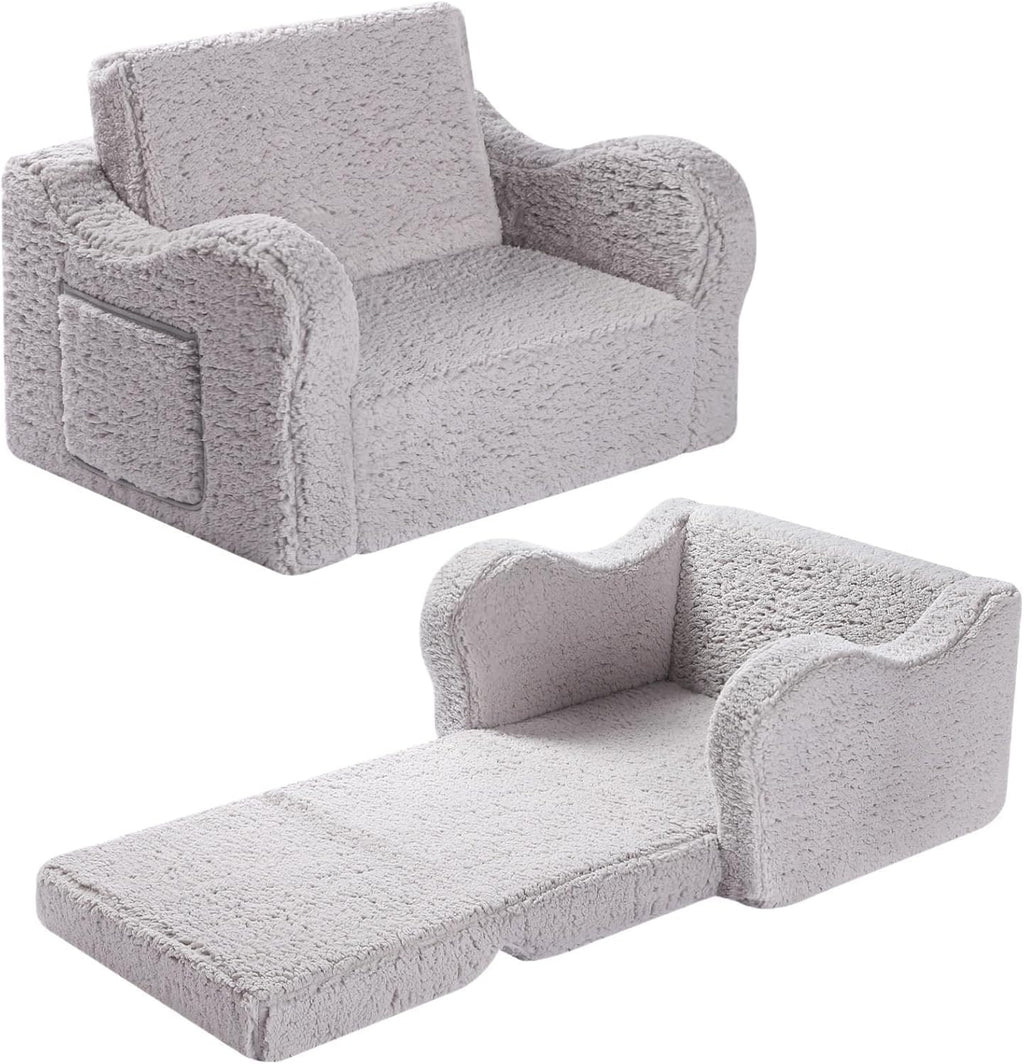 MOMCAYWEX Kids Sofa Chair, 2-in-1 Foldable Couch, Sherpa, Grey