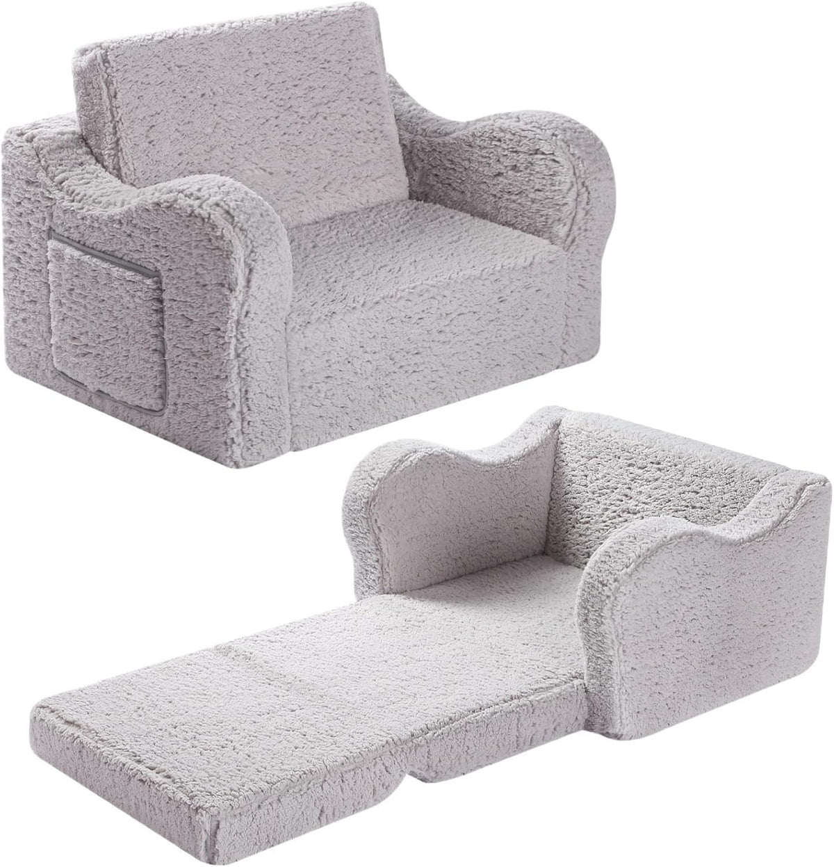 MOMCAYWEX Kids Sofa Chair, 2-in-1 Foldable Couch, Sherpa, Grey
