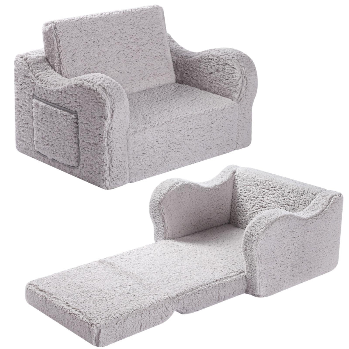 MOMCAYWEX Kids Sofa Chair, 2-in-1 Foldable Couch, Sherpa, Grey
