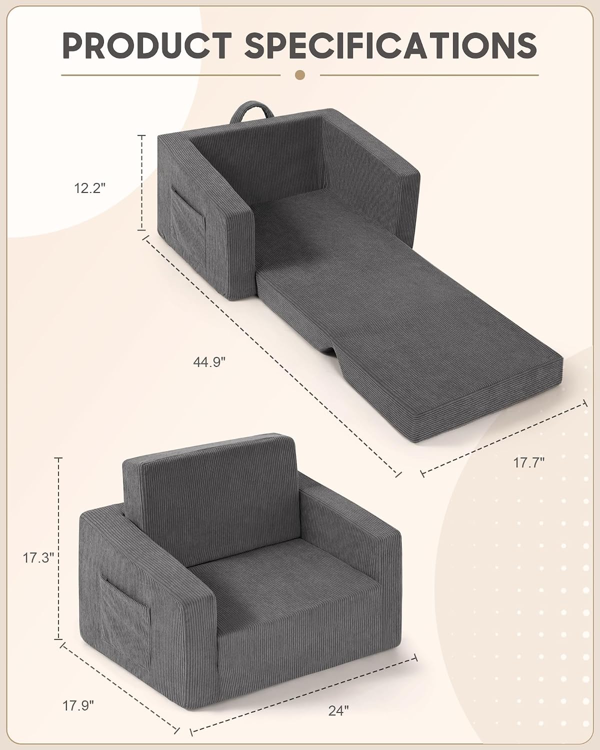 2-in-1 Kids Chair and Couch, Larger Cozy Corduroy Kids Sofa, Grey