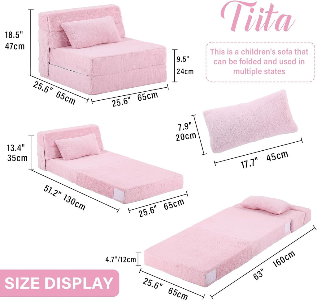 Tiita Convertible Folding Kids Sofa Bed with Pillow & Storage Bag, Plush Fabric Floor Mattress Couch Bed, Washable Cover, Kids Room, Playroom, Dorm, Apartment, Pink