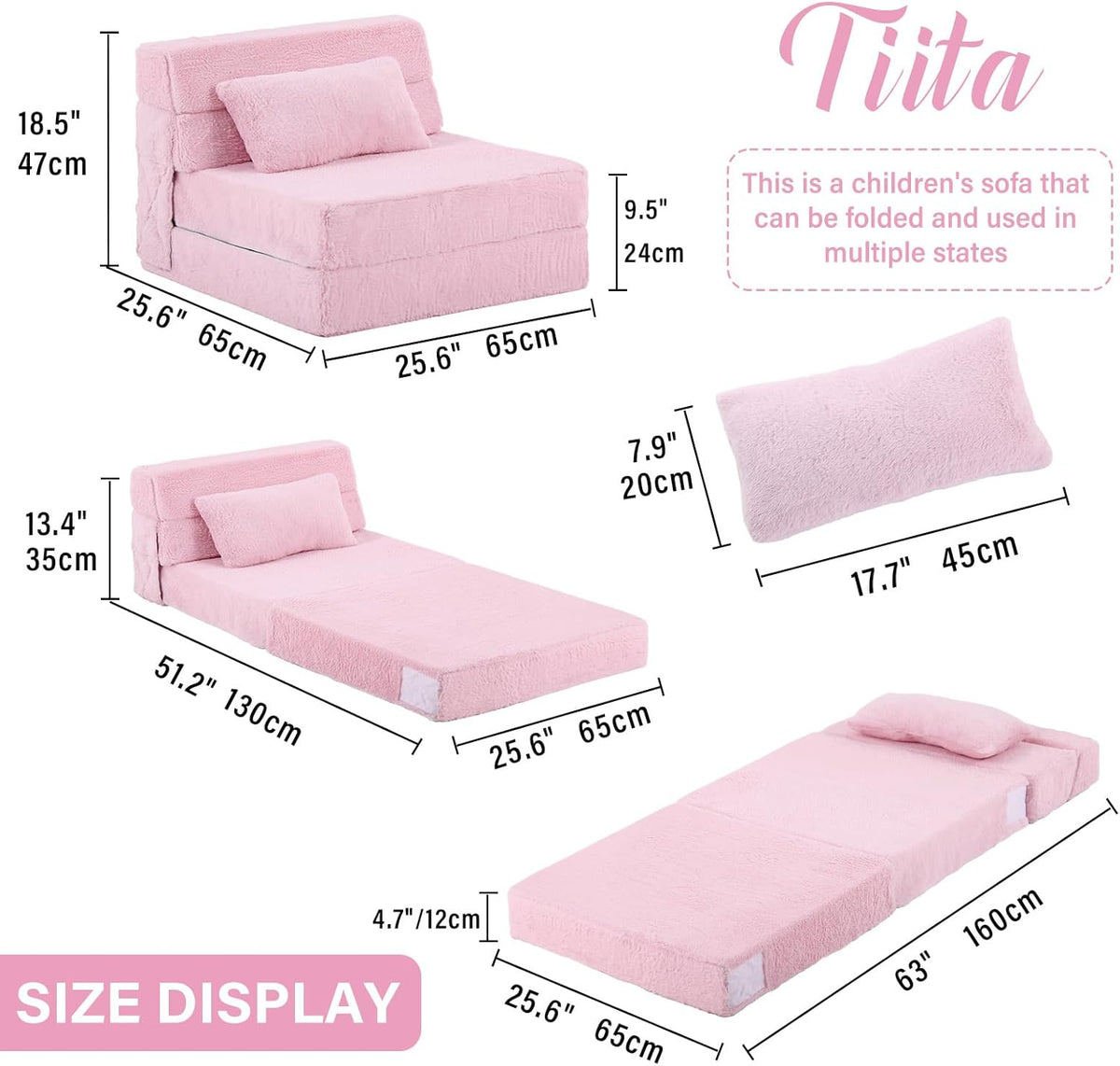 Tiita Convertible Folding Kids Sofa Bed with Pillow & Storage Bag, Plush Fabric Floor Mattress Couch Bed, Washable Cover, Kids Room, Playroom, Dorm, Apartment, Pink