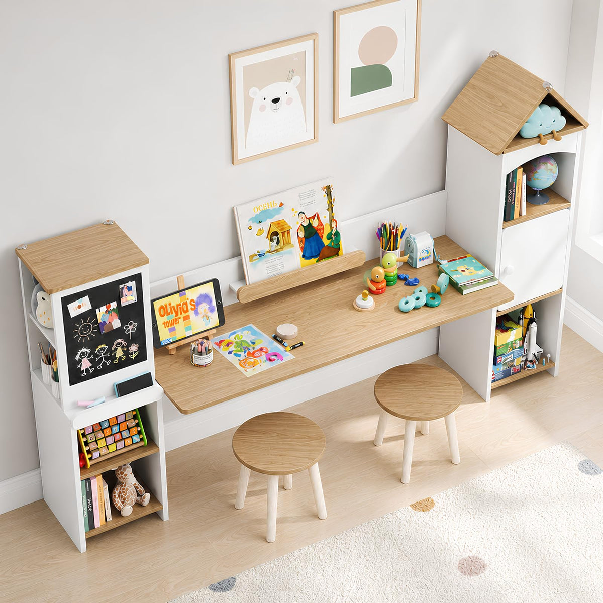 Kids Desk with Blackboard & 2 Stools