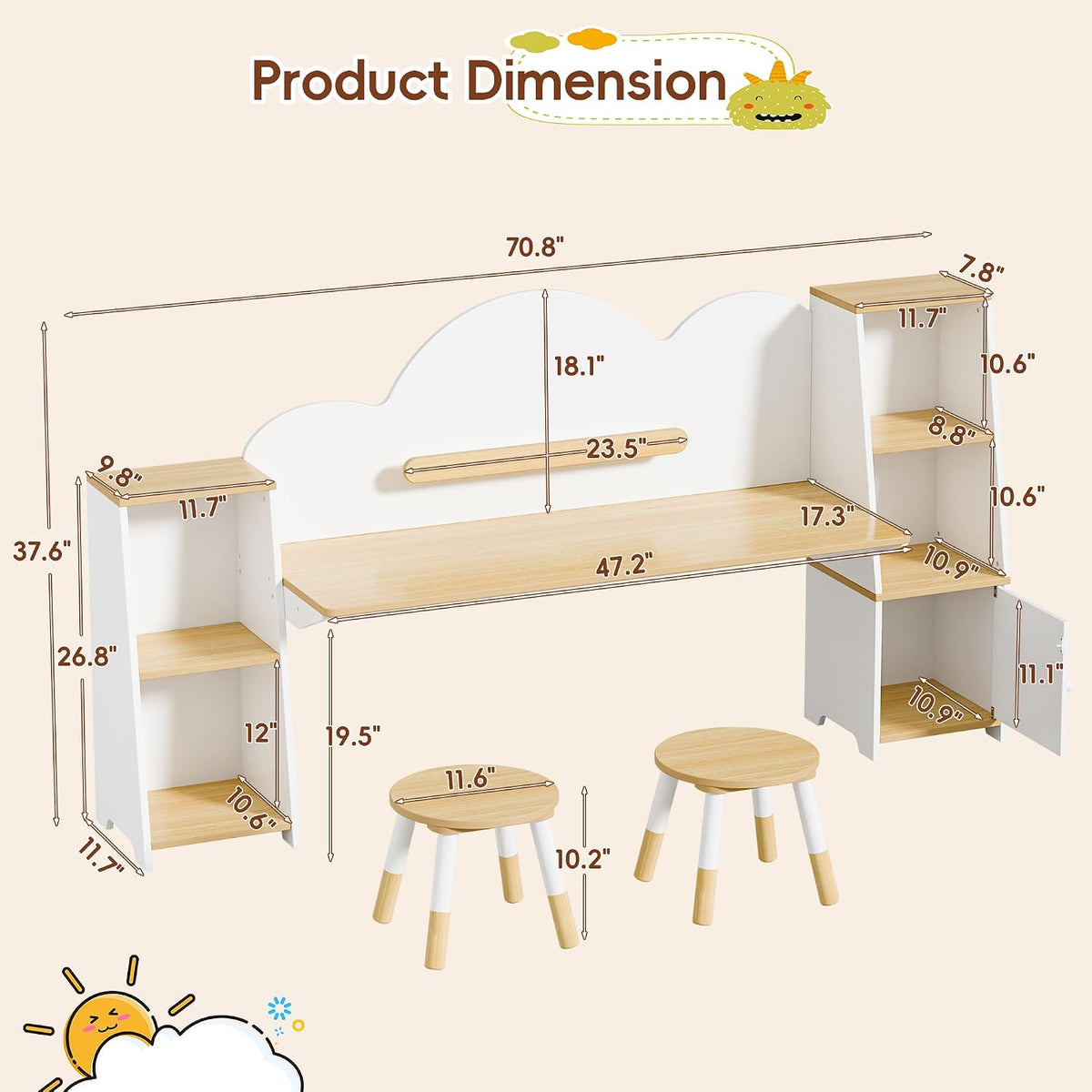 Betterhood Kids Study Desk and Chair Set with Storage, Student Study Desk, Children Study Table and Chair Set, Kids Study Desk with Bookshelves and 2 Stools, Ages 3-8, Boys, Girls, Toddler, Bedroom