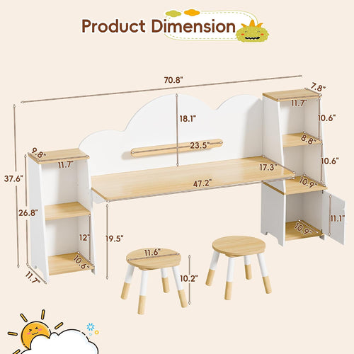 Betterhood Kids Study Desk and Chair Set with Storage, Student Study Desk, Children Study Table and Chair Set, Kids Study Desk with Bookshelves and 2 Stools, Ages 3-8, Boys, Girls, Toddler, Bedroom