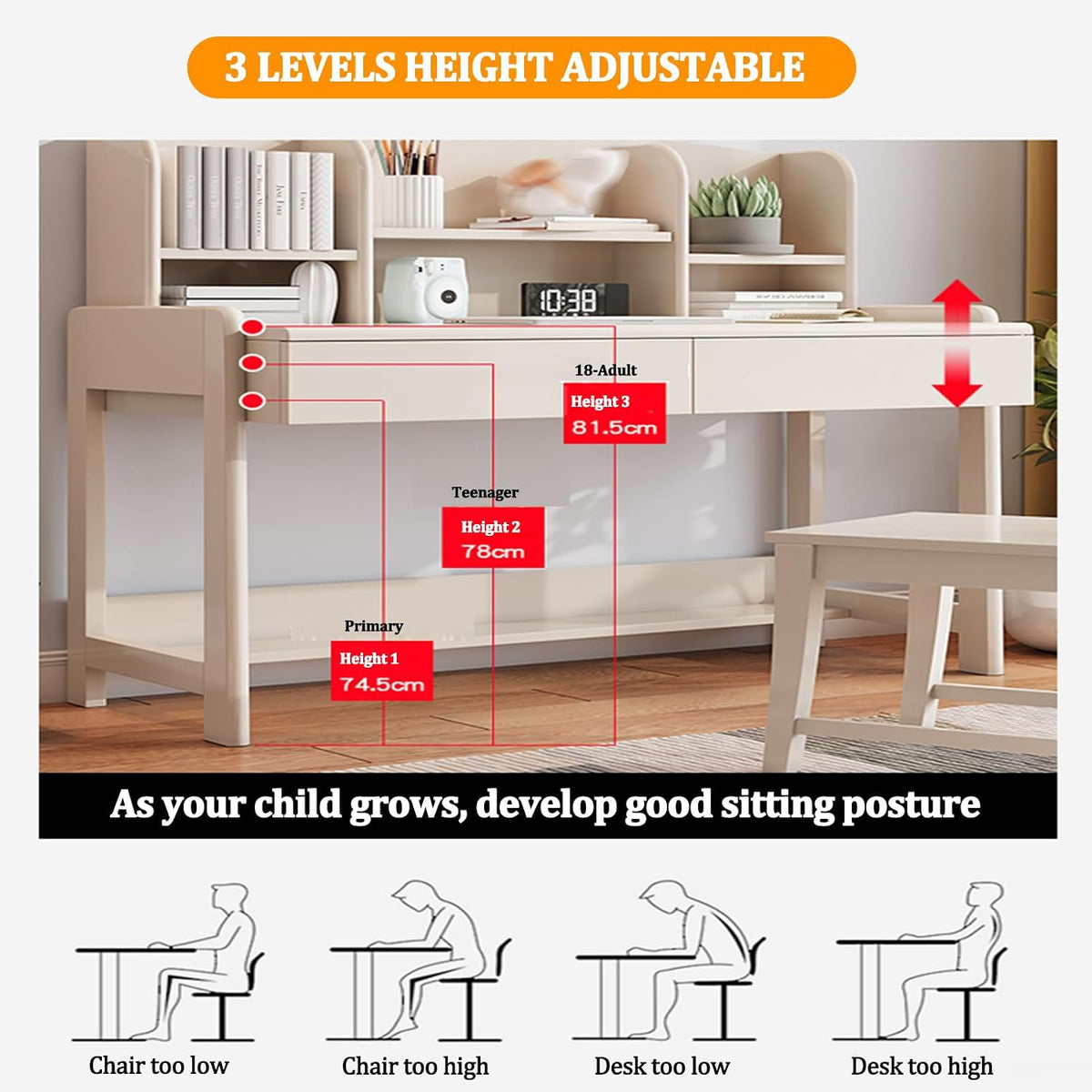 Solid Wood Kids Study Desk Height Adjustable, Home Office Small Children Study Desk with Drawers Small Space, Study Table with Open Hutch, Omputer Workstation & Writing Table 80cm