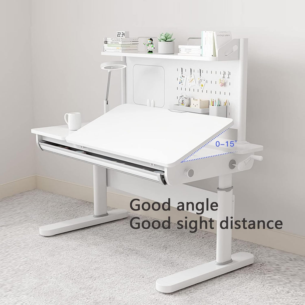 FCD Kids Desk, Height Adjustable Wood Children Study Computer Desk with Large Shelf, Tiltable Desktop and Pull-Out Drawer