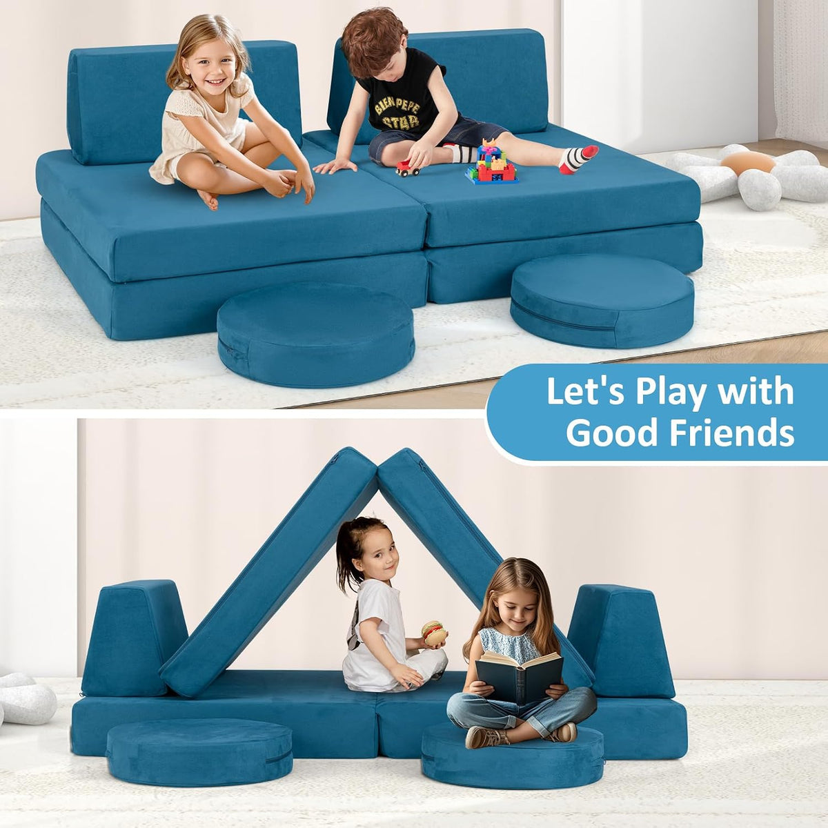 INFANS Modular Kids Play Couch, 6 PCS Toddler Creative Sectional Fort Building Sofa for Playroom, Bedroom, Children Convertible Soft Foam Furniture Playset and Floor Cushion for Boys and Girls