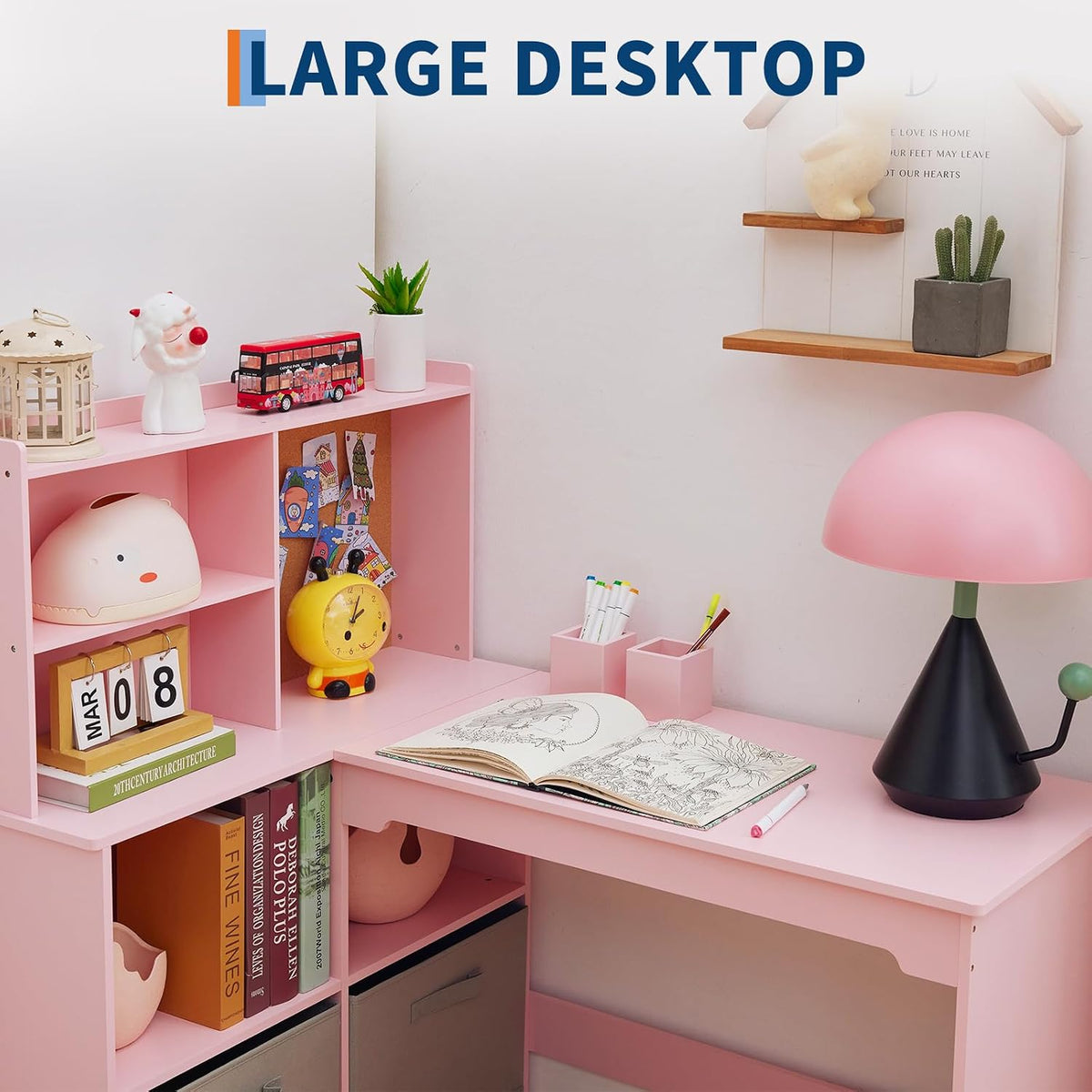 IDEALHOUSE Space-Saving L-Shaped Kids Desk and Chair Set,Pink