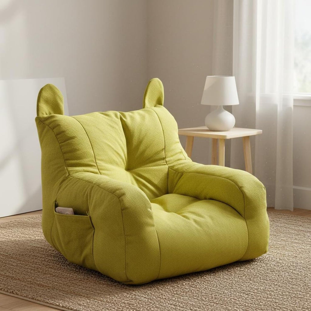 Children Reading Sofa Armchair Lounge Chair Bear Seat Soft Linen Upholstered Cushion Wooden Frame Suitable for Bedroom Living Room Nursery, Green