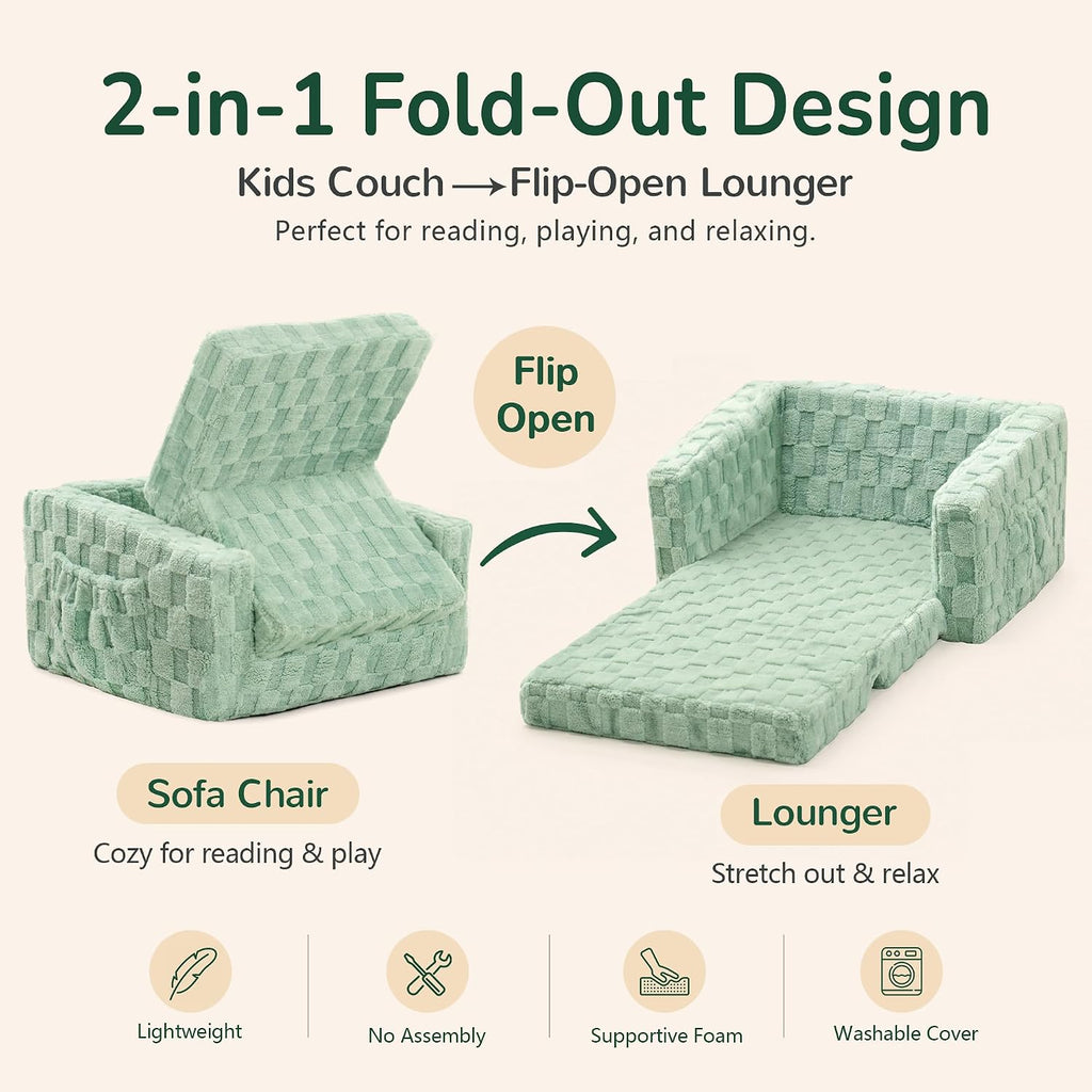 Toddler Couch for Kids, 2-in-1 Kids Fold Out Couch with Flip Open Sofa Lounger, Soft Flannel Kids Sofa Chair for Playroom Bedroom, Green