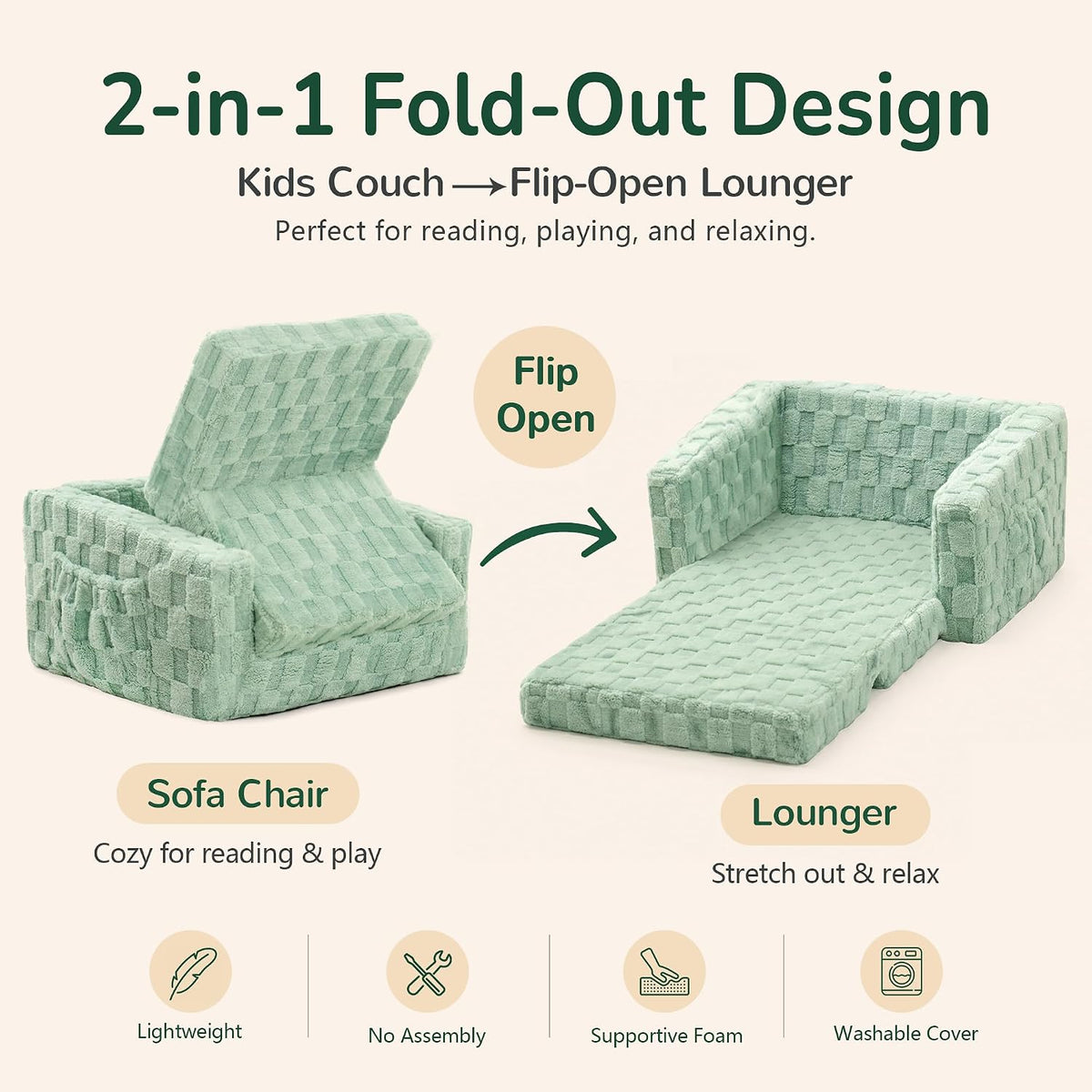 Toddler Couch for Kids, 2-in-1 Kids Fold Out Couch with Flip Open Sofa Lounger, Soft Flannel Kids Sofa Chair for Playroom Bedroom, Green