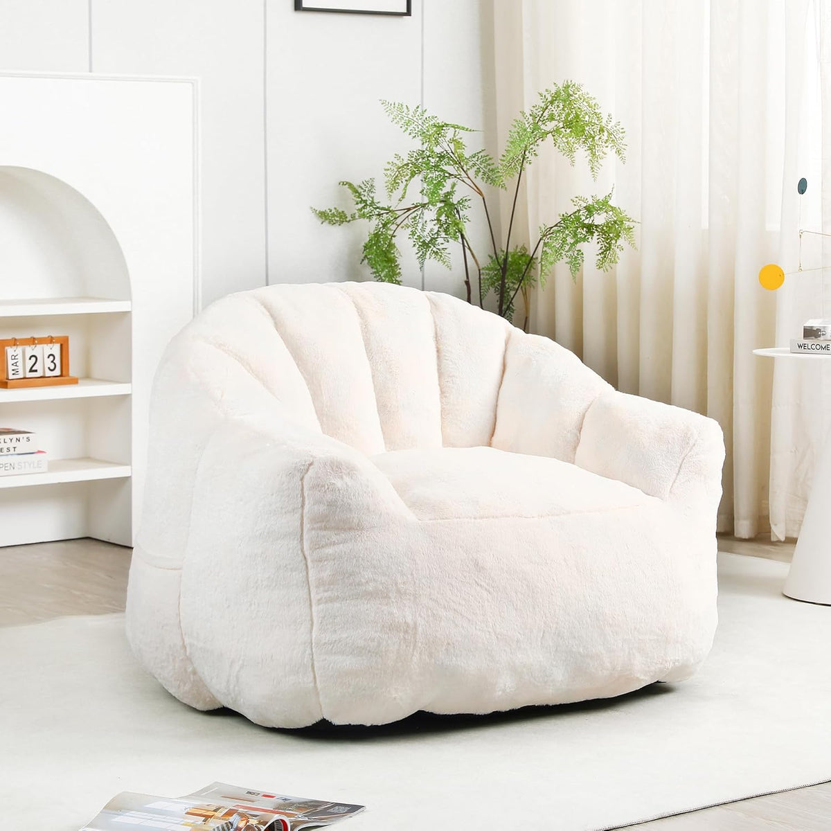 White Big Bean Bag Chairs for Adults Kids with Armrests, Faux Fur Bean Bag Chairs for Teens, Oversized Lazy Bean Bags Sofa Fluffy Floor Lounge Chair, Large Bean Bag Couch for Bedroom