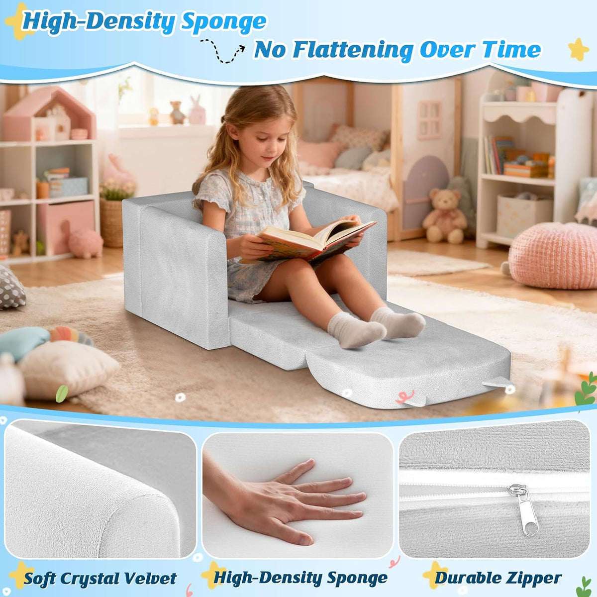 Kids Sofa Bed Ages 3+ with Washable Cover, Foldable Toddler Chair