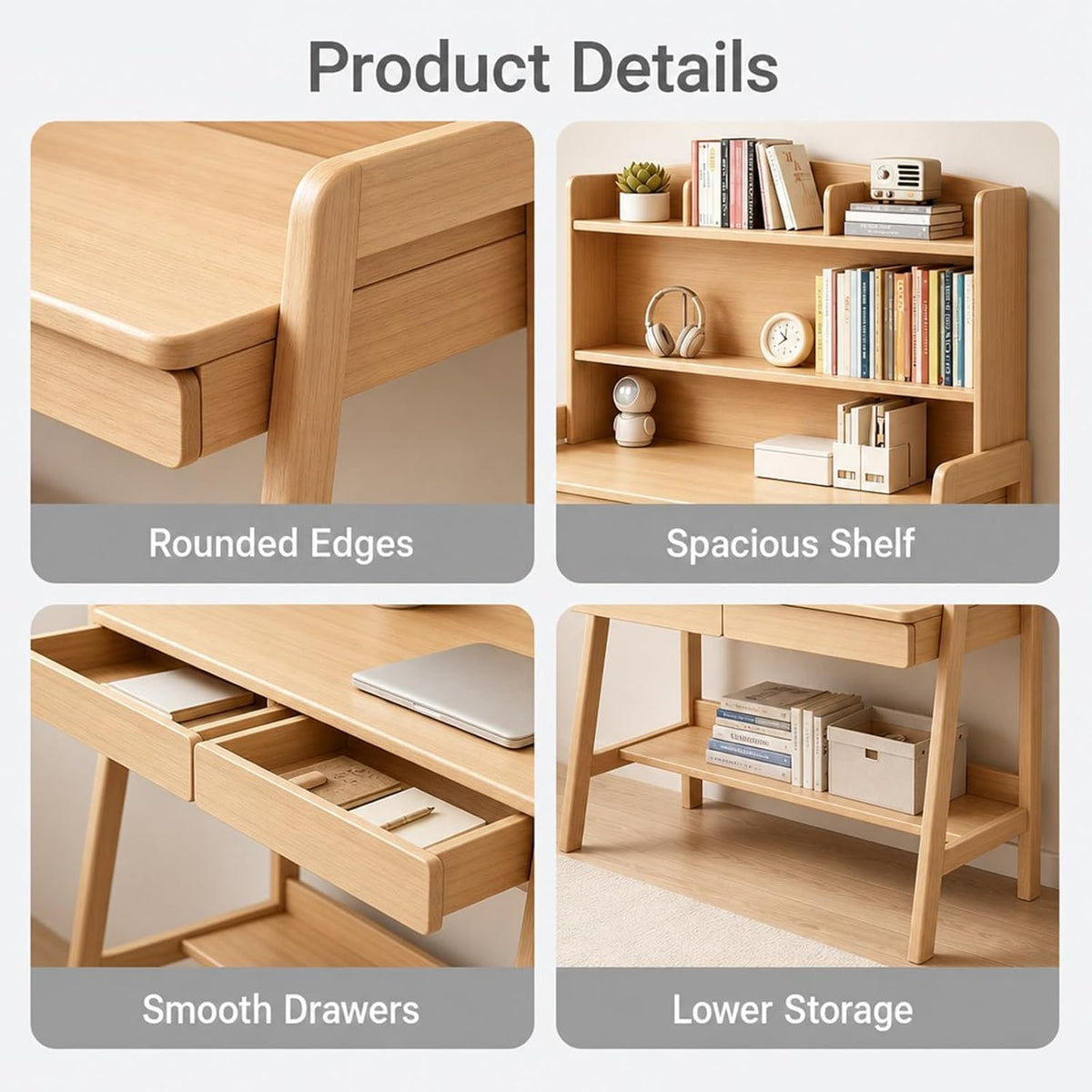 Kids Study Desk with Hutch and Storage Drawers, 3-Level Height Adjustable Children's Writing Table with 2 Drawers, Solid Wood Kids for Bedroom, Home Study Area, Reading Corner (Natural Color)