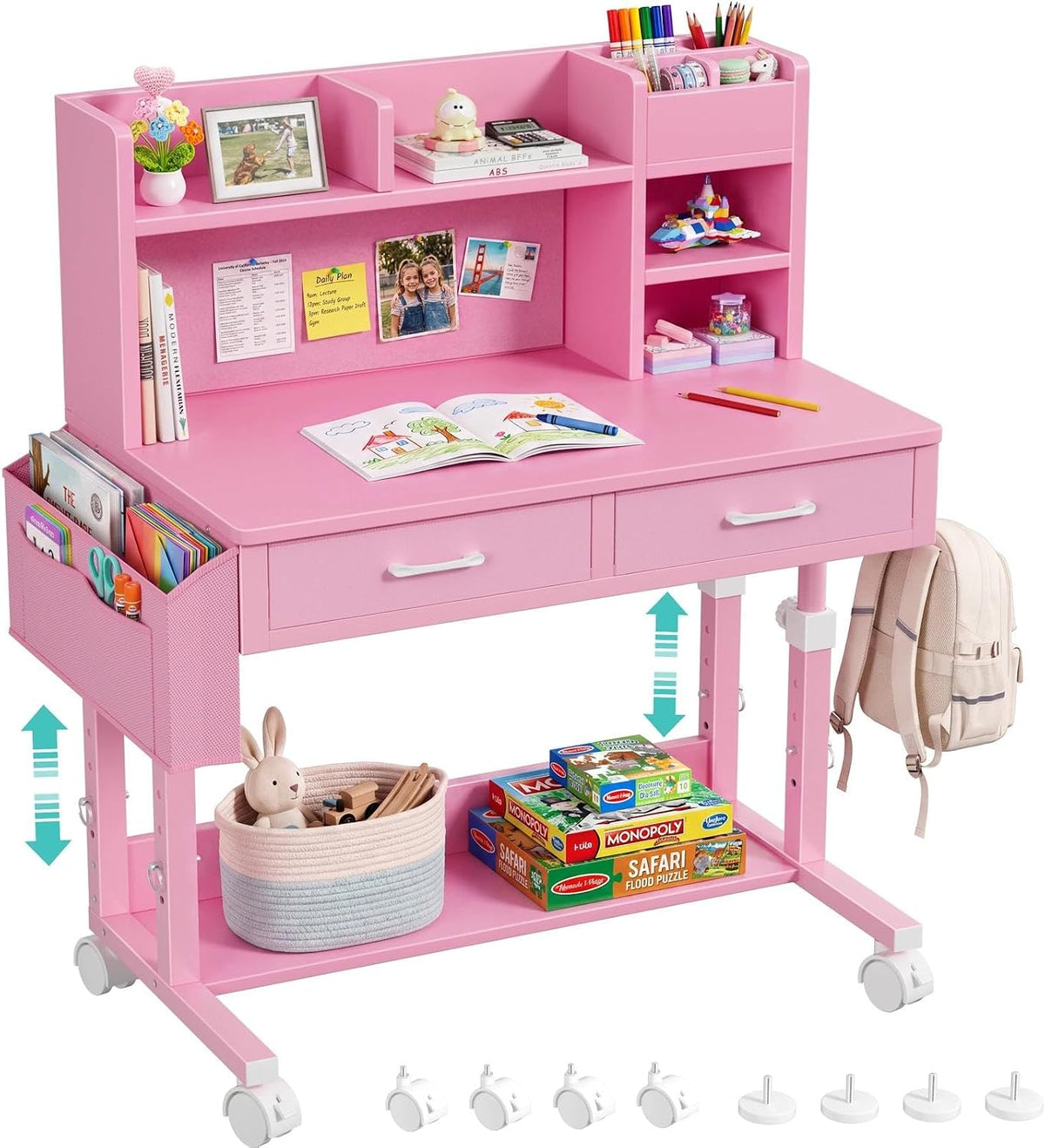 Pink Kids Desk with Hutch, 32" Height Adjustable Mobile Rolling Girls Desk