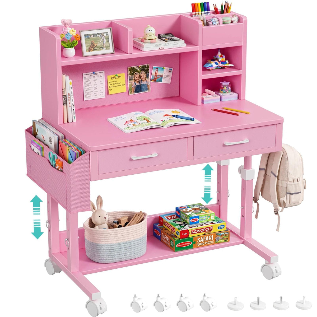Pink Kids Desk with Hutch, 32" Height Adjustable Mobile Rolling Girls Desk