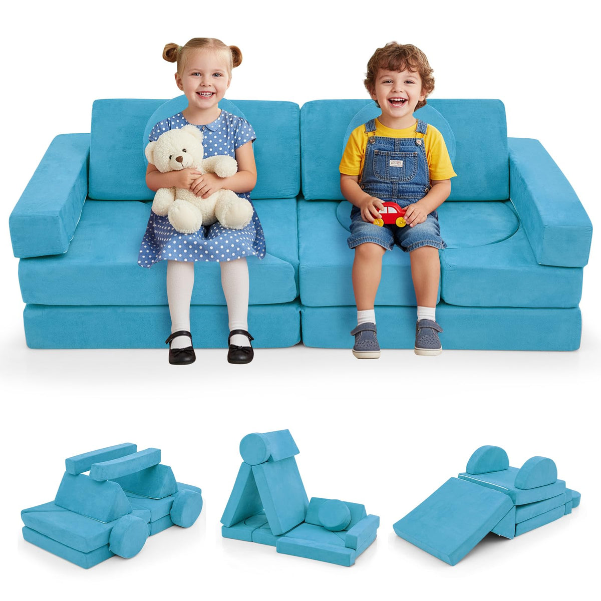 Costzon 14 PCS Modular Kids Play Couch, Child Sectional Sofa, Versatile Toddler Soft Building Blocks Sofa Playset for Playroom Bedroom, Convertible Foam and Floor Cushion for Boys Girls Gifts (Yellow)
