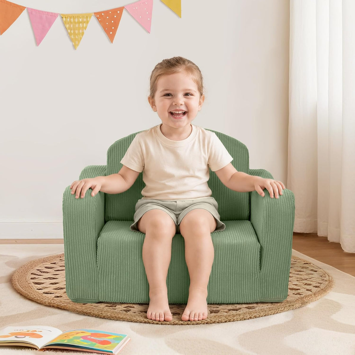 Airpanda Kids Sofa Chair, 2-in-1 Kids Couch, Fold Out Foam Sofa, Green