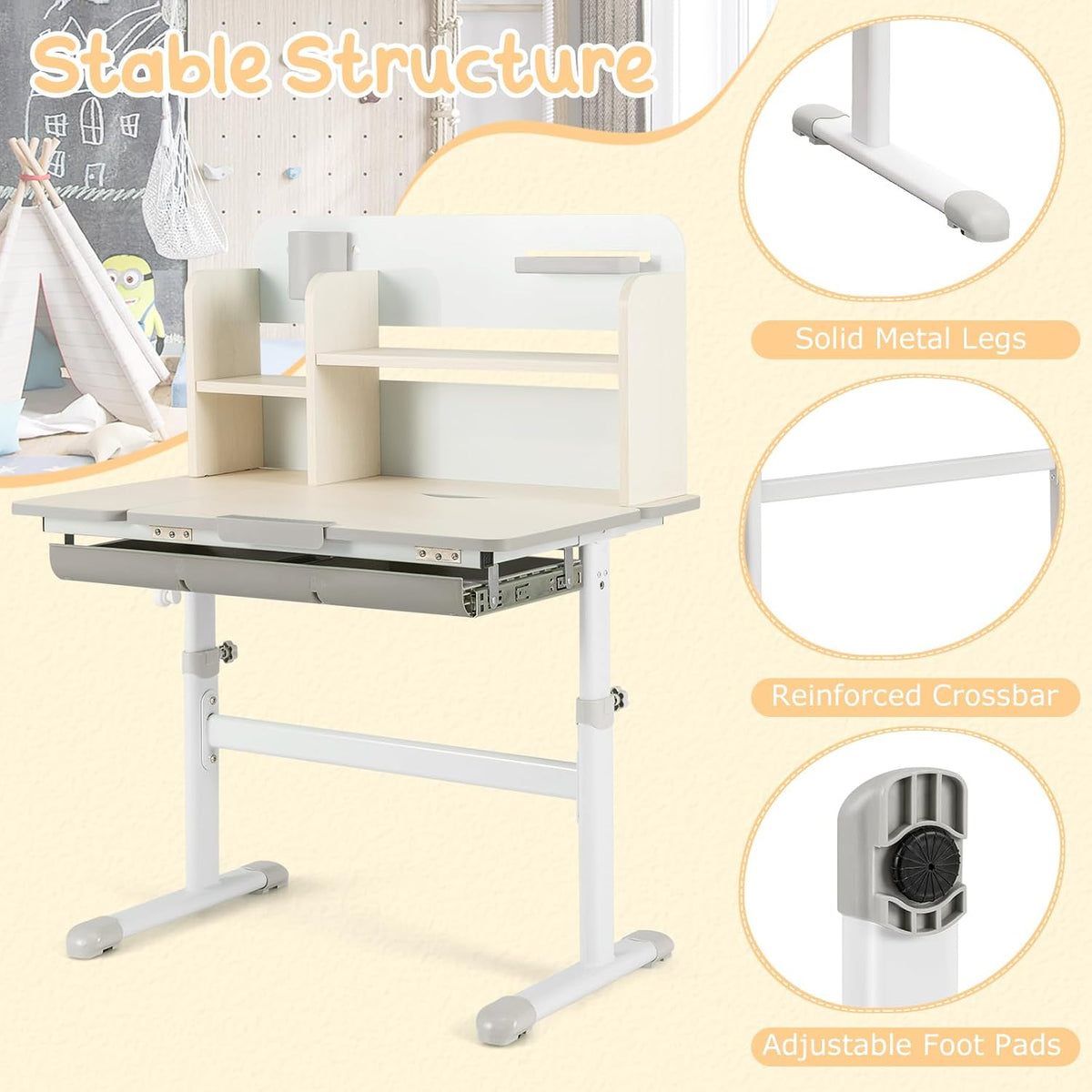GLACER Desk for Kids, Ergonomic Children Standing School Table with 0-60° Tiltable Surface, Pen Holder, Height Adjustable Kids Study Desk, Wooden Workstation for Little Boys and Girls Aged 3-12 (Gray)