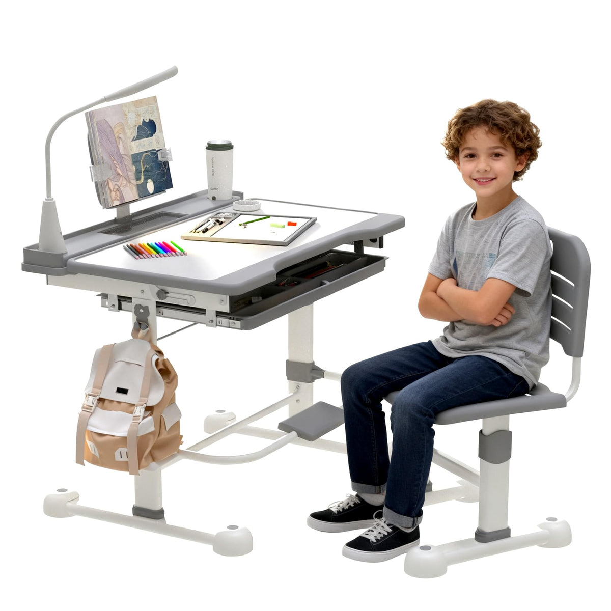Height Adjustable Pink Desk and Chair 2PCS Set for Kids Aged 4-12