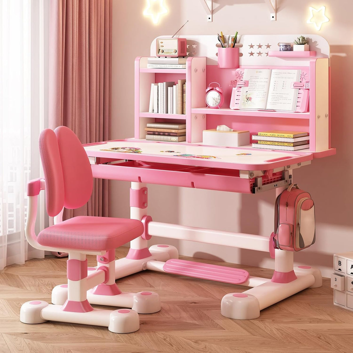 Kids Desk and Chair Set Toddler Desk Art Table for Kids School Desk Height Adjustable Kids Drawing Table with Sitting Corrector, Ergonomic Desk Chair with Book Stand, Foot Pedal Pink