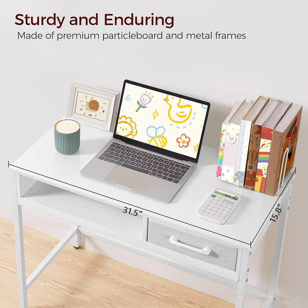 MAHANCRIS Kids Desk and Chair Set, Student Writing Desk, Kids Study Desk with Book Sorter and Fabric Drawer, Kids Wooden Study Table, for Study, Kids Room, Bedroom, White KDBW11901N1