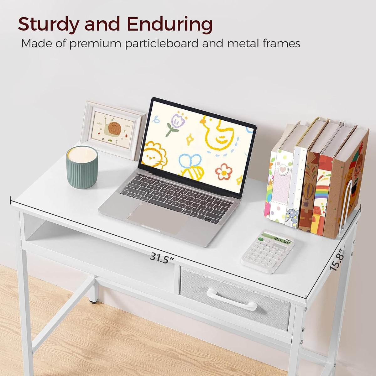 MAHANCRIS Kids Desk and Chair Set, Student Writing Desk, Kids Study Desk with Book Sorter and Fabric Drawer, Kids Wooden Study Table, for Study, Kids Room, Bedroom, White KDBW11901N1
