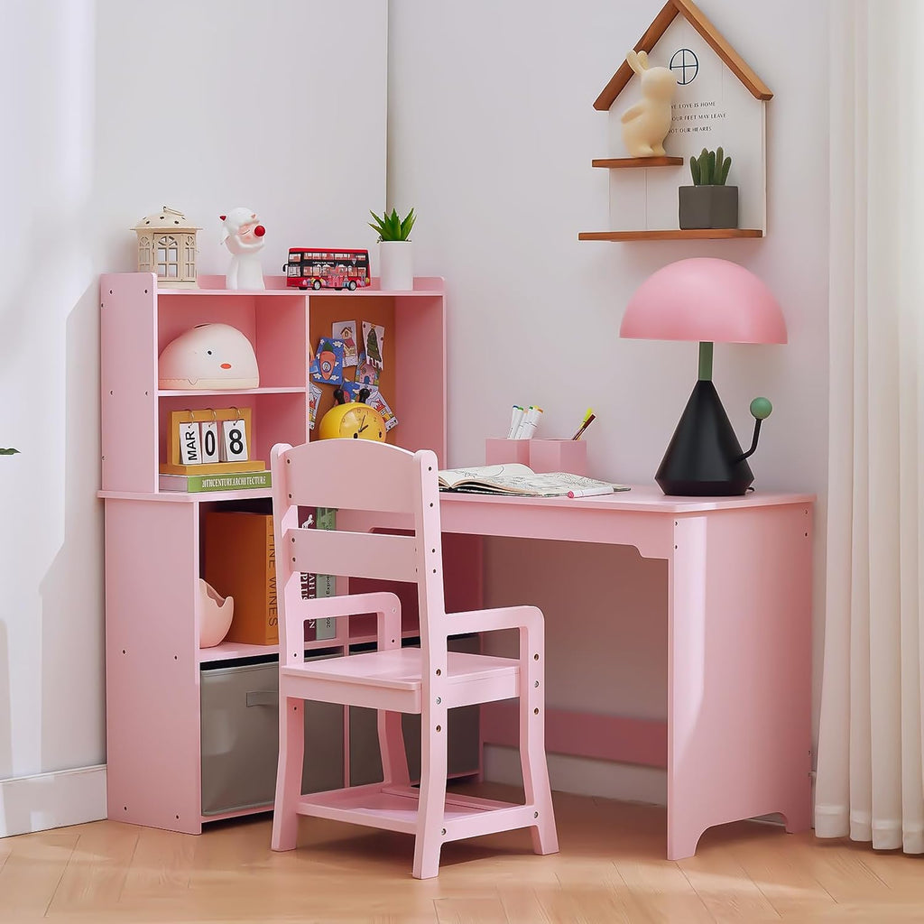 IDEALHOUSE Space-Saving L-Shaped Kids Desk and Chair Set,Pink