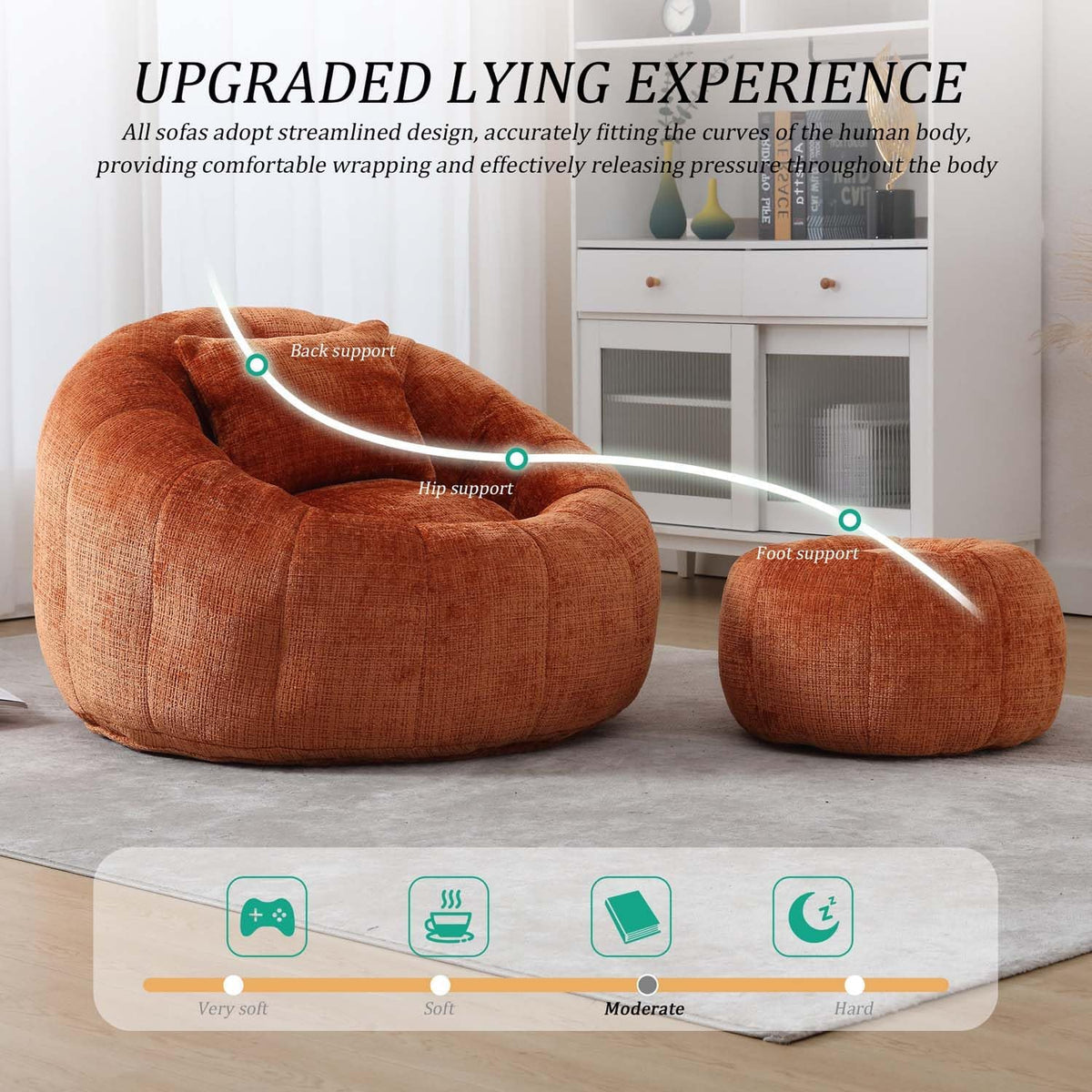 Round Cloud Bean Bag Chair, Leisure Floor Single Seater with Ottoman, Plush Chenille Sofa Chair, Lazy Bean Bag Chairs for Bedroom, Apartment and Living Room (Orange)