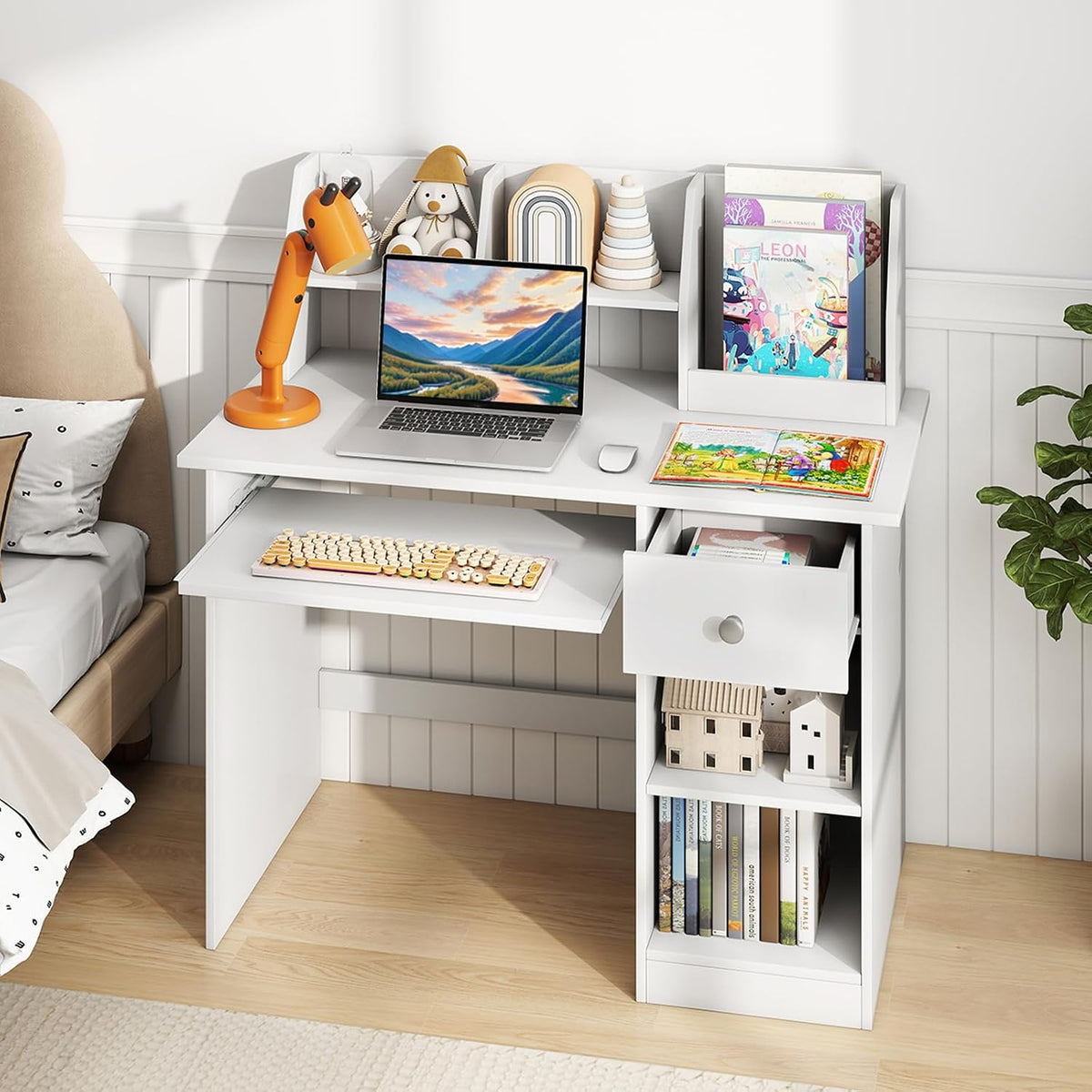 GLACER Kids Desk, Wooden Children Study Table with Hutch, Drawer, Storage Shelves & Keyboard Tray for Home School Writing, Drawing or Reading, White Computer Workstation Writing Table for Girls Boys