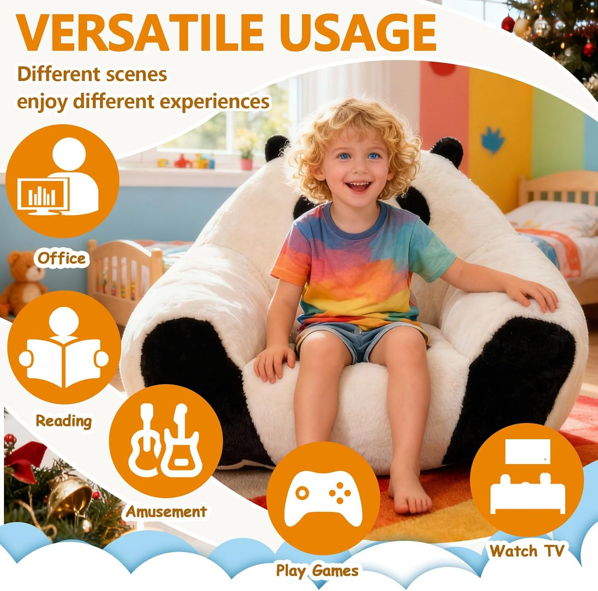 Majnesvon Panda Kid Bean Bag with Filler, Small Beanbags for Kids, Fluffy Bean Bag Chair & Single Seat Sofa for Bedroom Living Room Children's Room