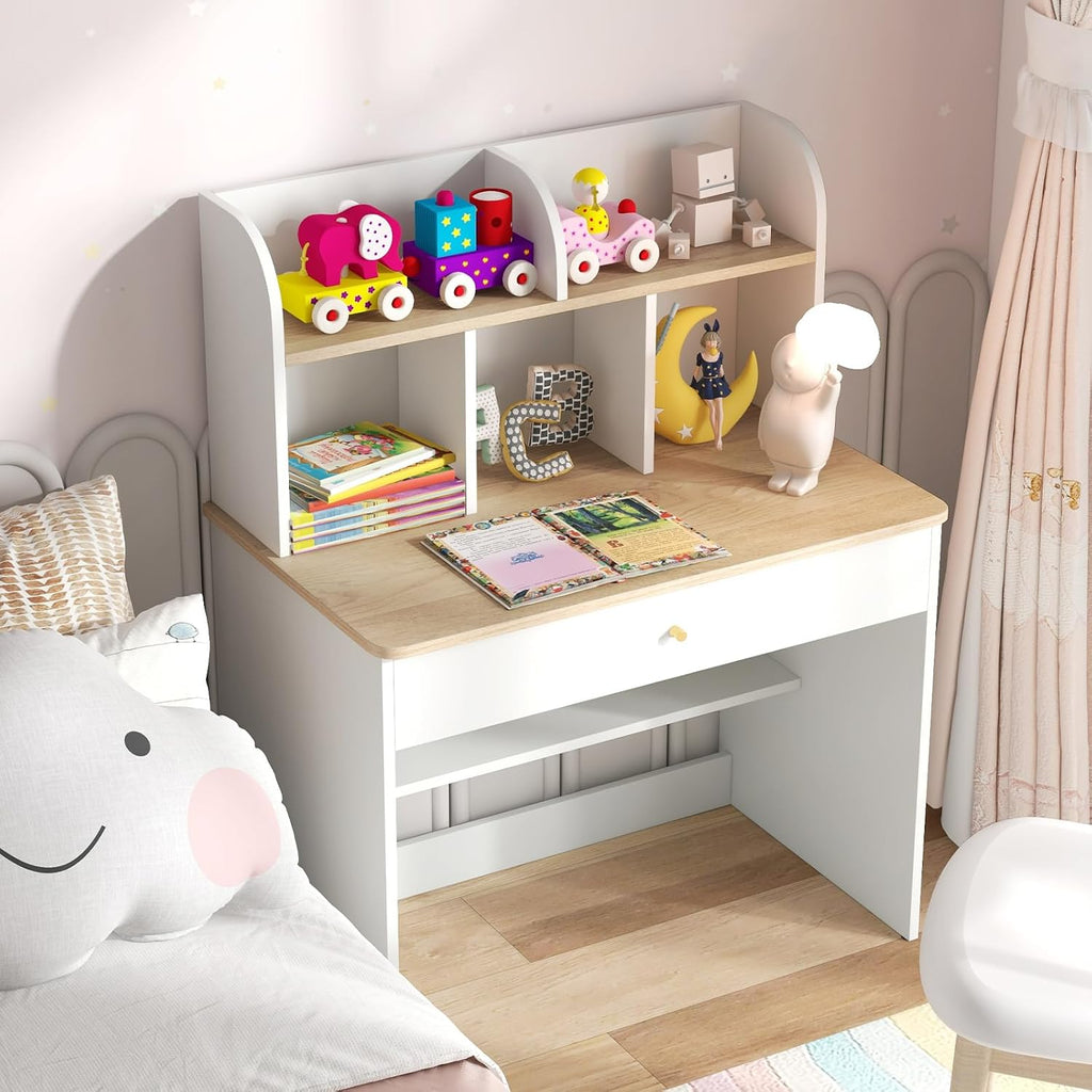 Costzon Kids Desk, Wooden Children Study Desk with Hutch, Large Drawer & Open Storage Shelf for Home School Writing, Reading or Drawing, Student Table Computer Workstation for 3+ Boys Girls (White)