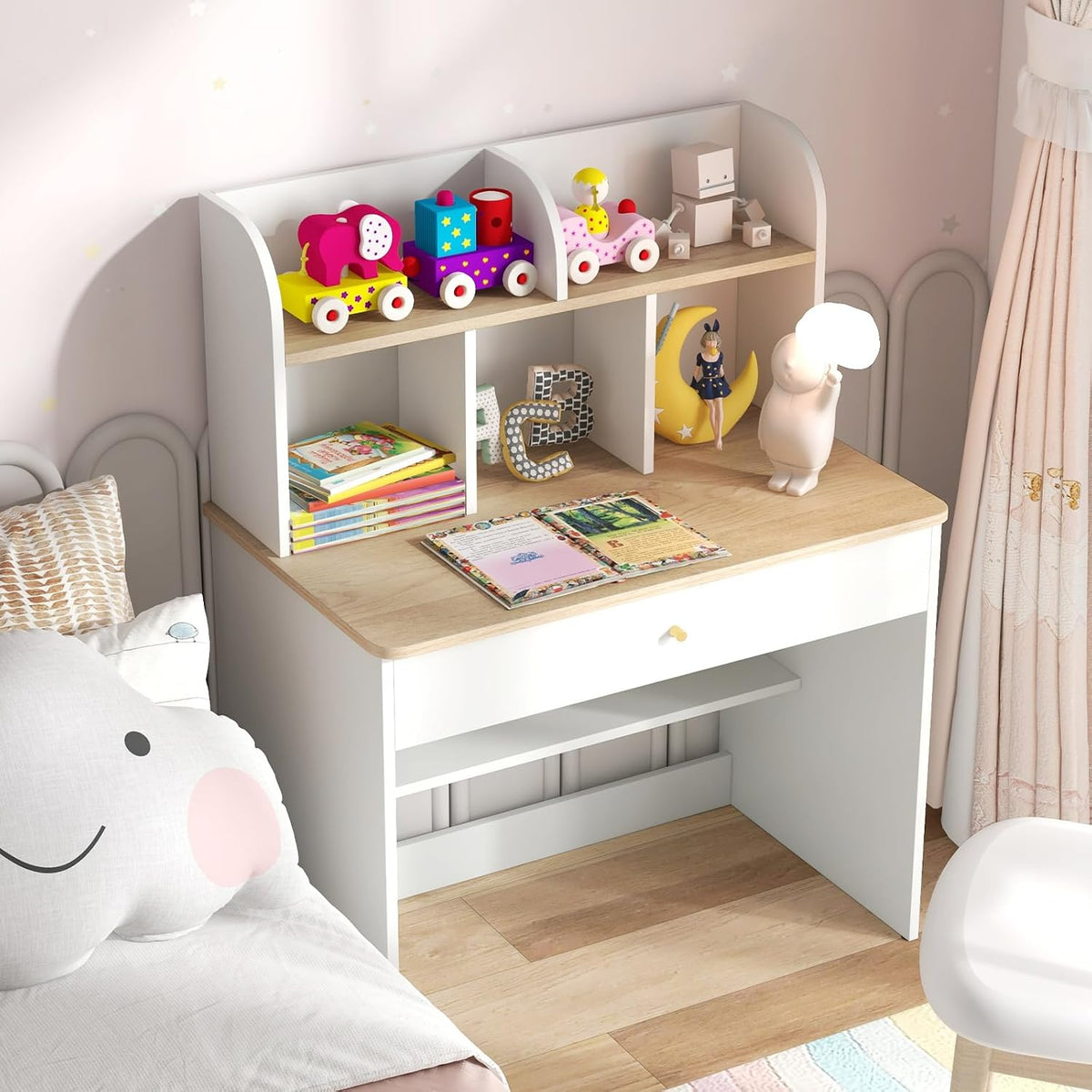 Costzon Kids Desk, Wooden Children Study Desk with Hutch, Large Drawer & Open Storage Shelf for Home School Writing, Reading or Drawing, Student Table Computer Workstation for 3+ Boys Girls (White)