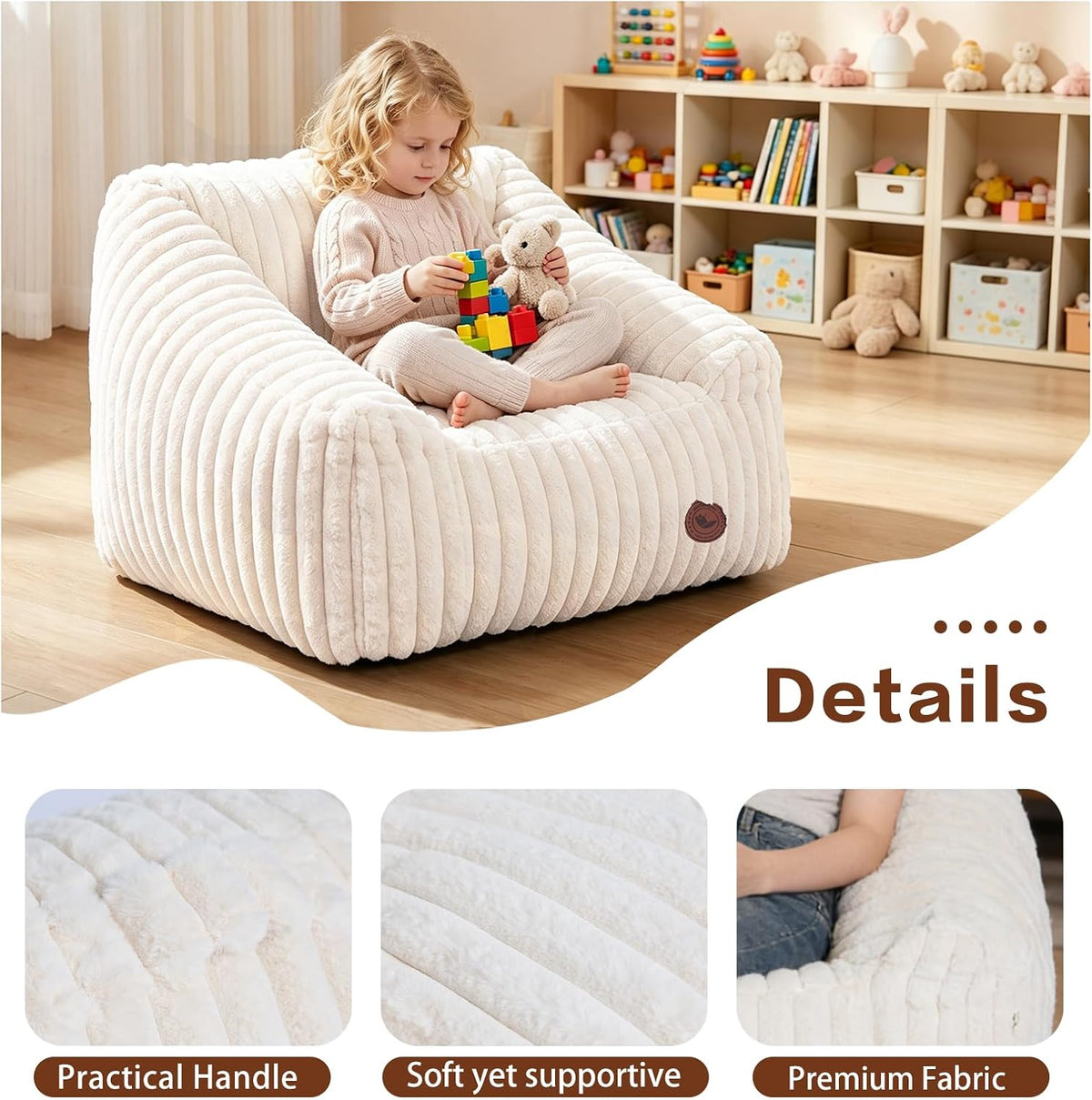 Small Kids Bean Bag Chair,Memory Foam Filled Bean Bags with Beige Stripe Plush Bean Bag Sofa Removable&Washable Cover for Reading Gaming Bedroom Living Room Playroom
