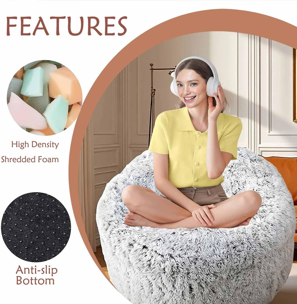 Plush Faux Fur Bean Bag Chairs, Memory Foam Filled Sofa Chair Shape Bean Bag for Adults/Teens/Kids, Ultra-Soft Lazy Sofa for Living Room Bedroom College Dorm, Grey