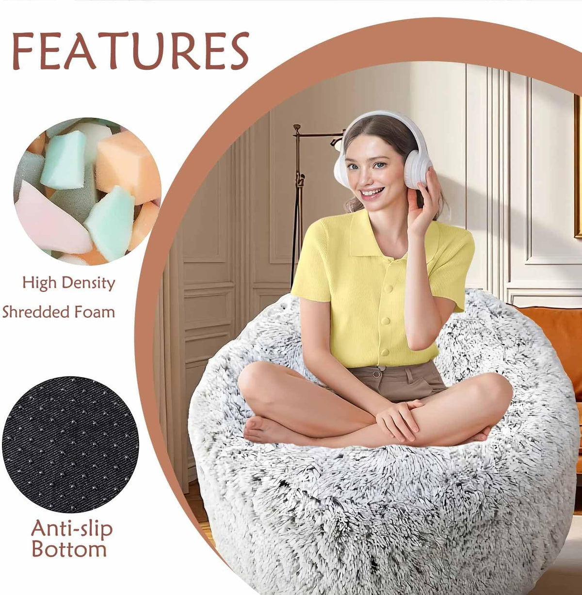 Plush Faux Fur Bean Bag Chairs, Memory Foam Filled Sofa Chair Shape Bean Bag for Adults/Teens/Kids, Ultra-Soft Lazy Sofa for Living Room Bedroom College Dorm, Grey