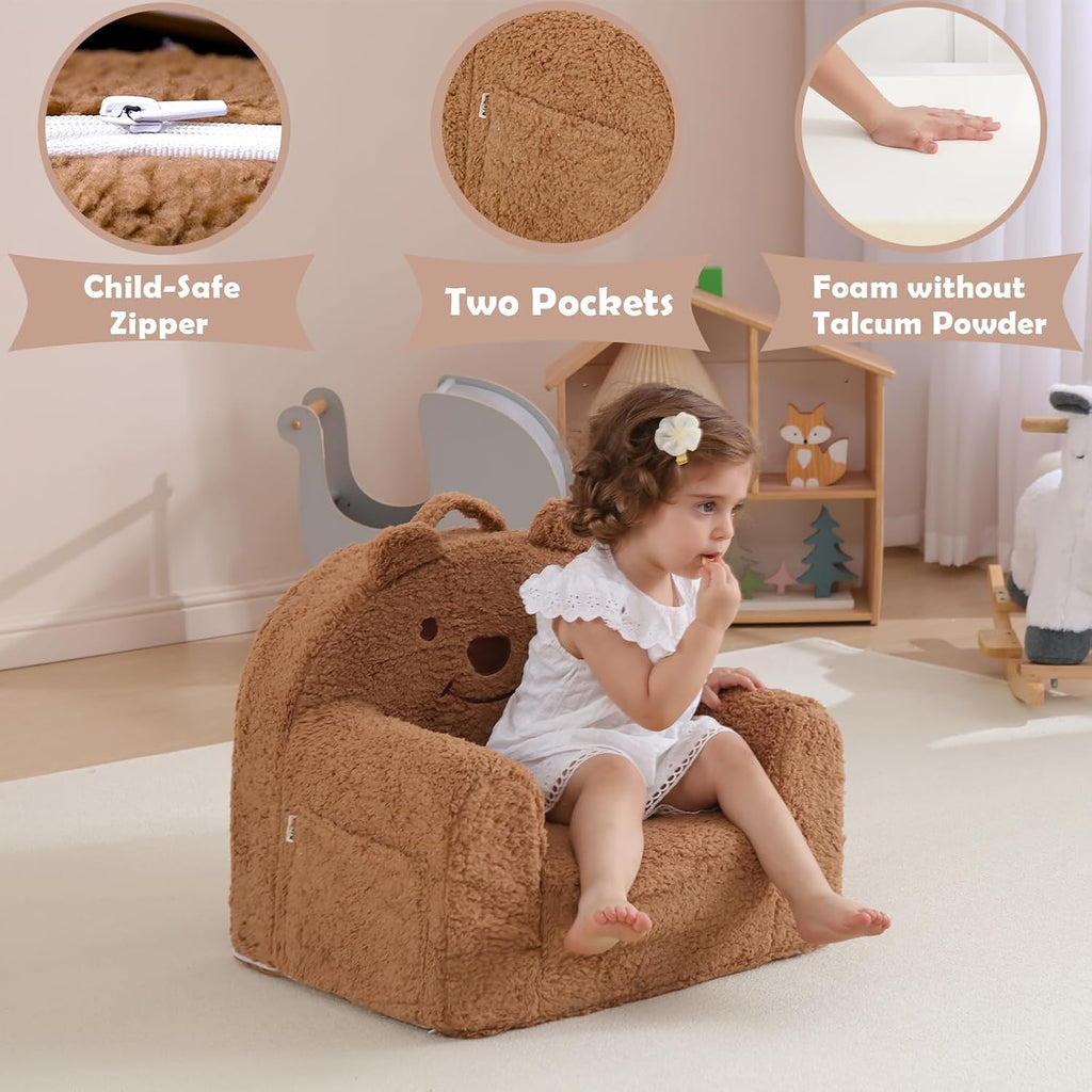 Toddler Chair,Sherpa Bear Toddler Couch Fold Out,Children Reading Chair,Flip Out Kids Couch,Kids Sofa Convertible for Gift (Brown Bear)