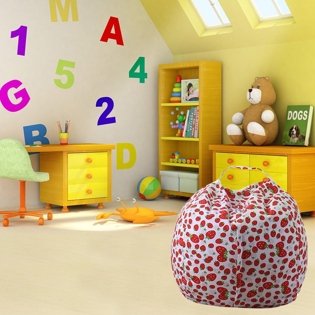 ELEOPTION Stuffed Animal Storage Bean Bag Chair Cover, Large Size 38inch Cotton Canvas Children Plush Toy Organizer Storage Bag Fill Fun Chair for Kids Room or Bedroom (Strawberry, 32in)