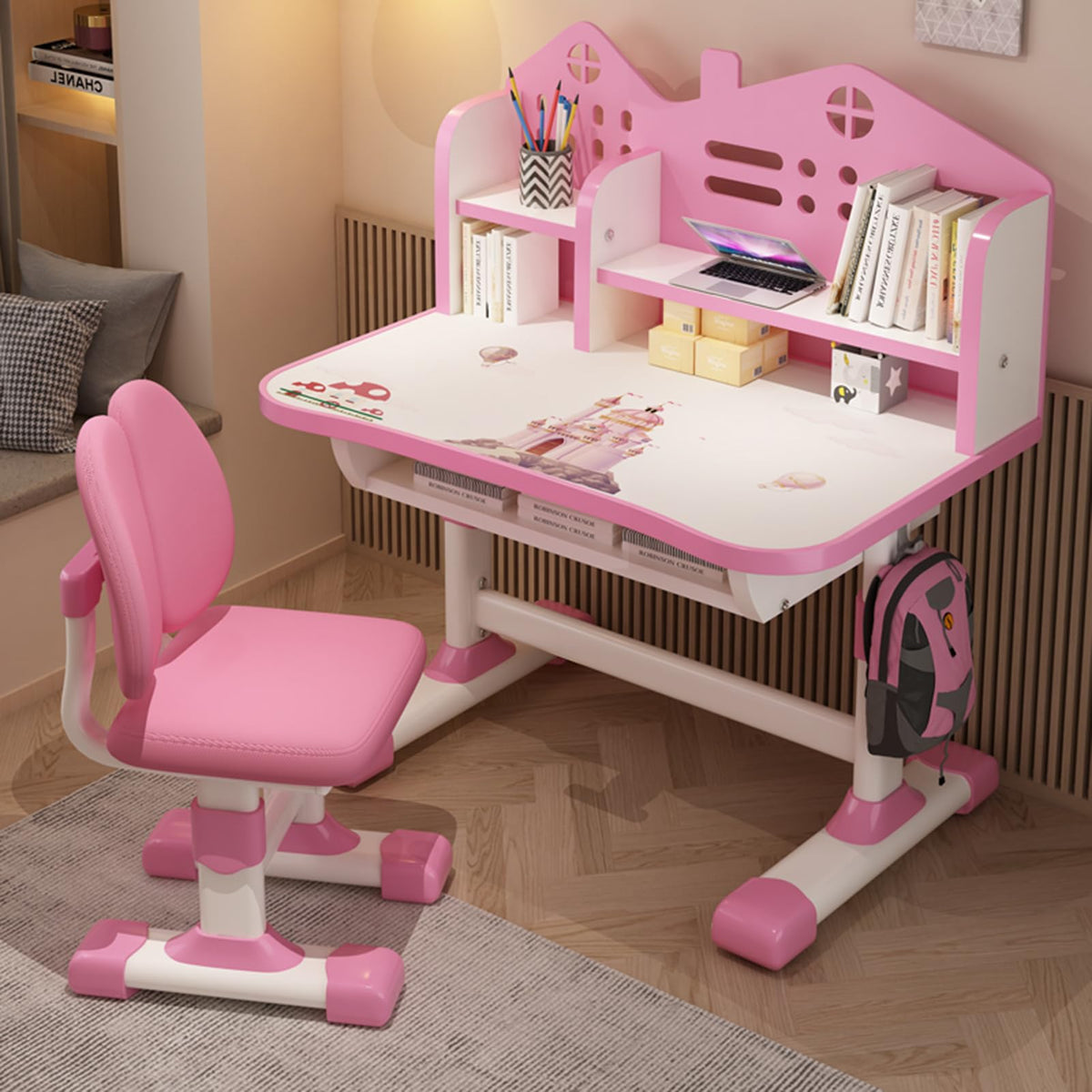 Talent Star Kids Desk and Chair Set,Adjustable Girls School Writing Study Table,Ergonomic Desk Chair with Large Writing Board Pull Out Drawer Book Stand (Pink & Blue) (Pink)